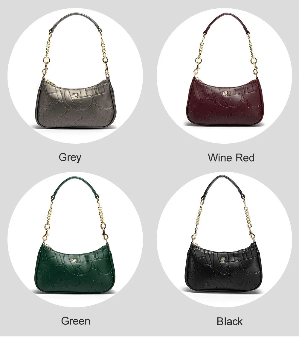 Four handbags in different colors (grey, wine red, green, black) on a light gray background.