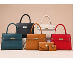 Collection of colorful handbags on a beige background