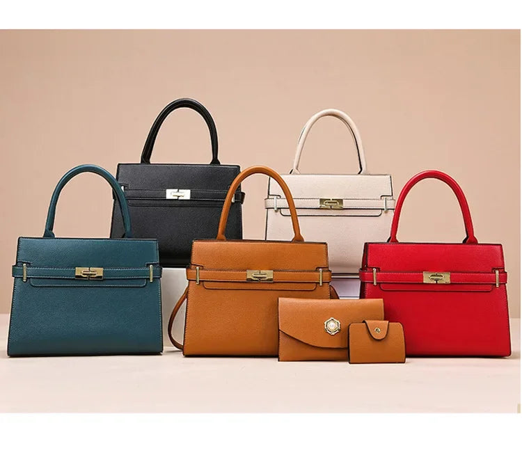 Collection of colorful handbags on a beige background