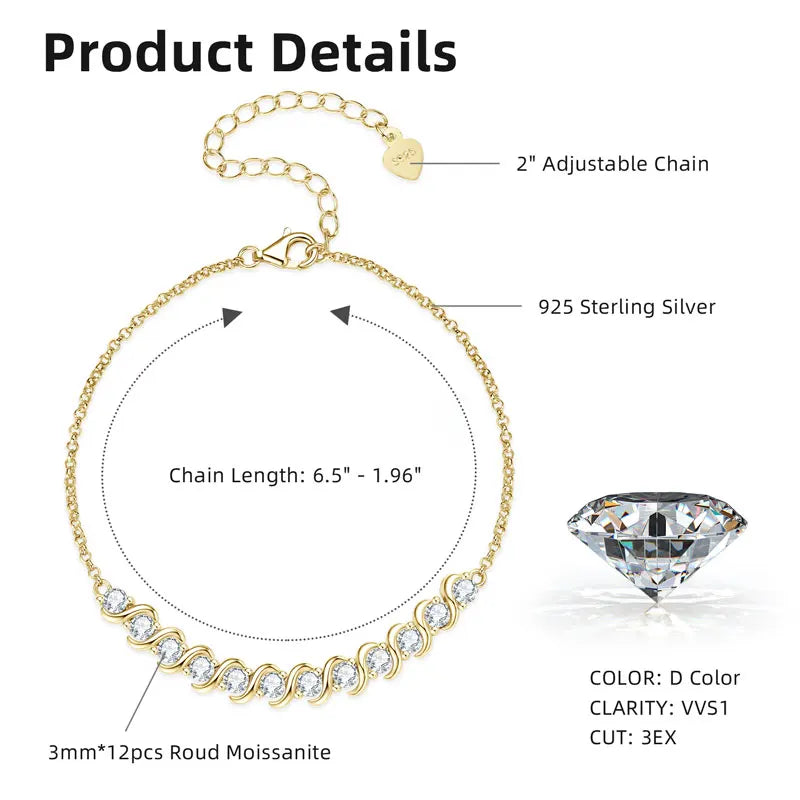 Gold bracelet with diamond-like stones and product details on a white background