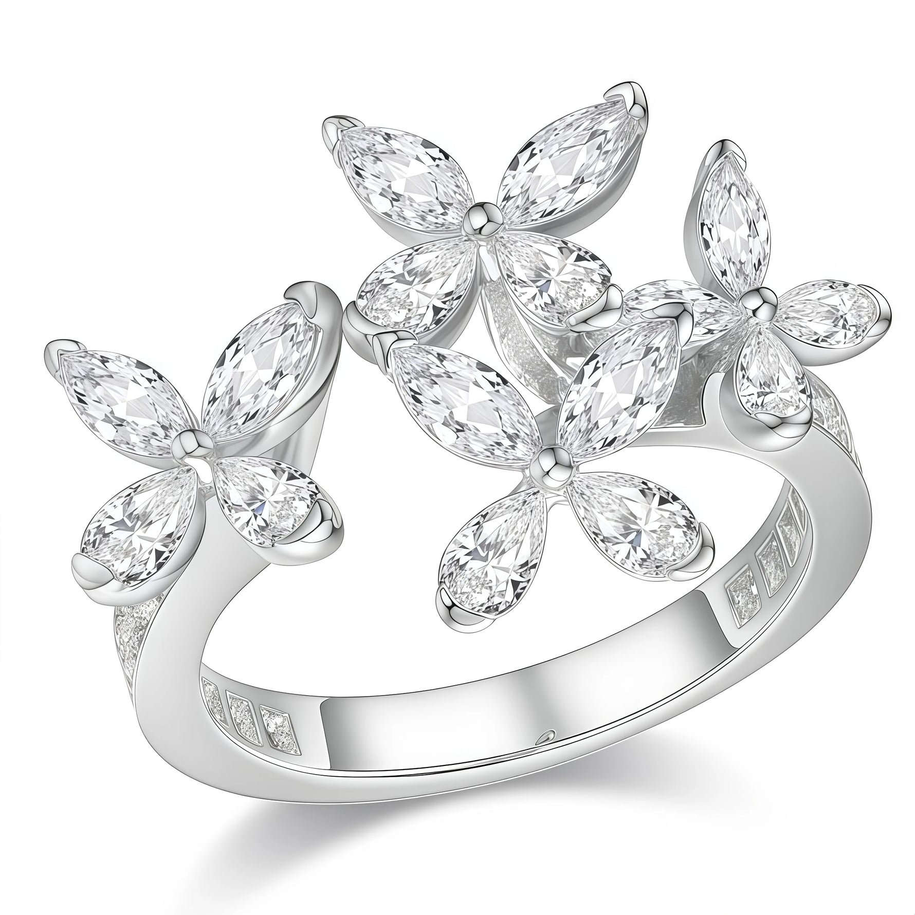 Silver ring with butterfly-shaped gemstones on a white background