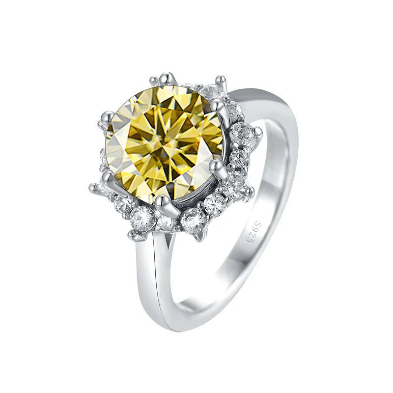 Silver ring with a yellow gemstone on a white background