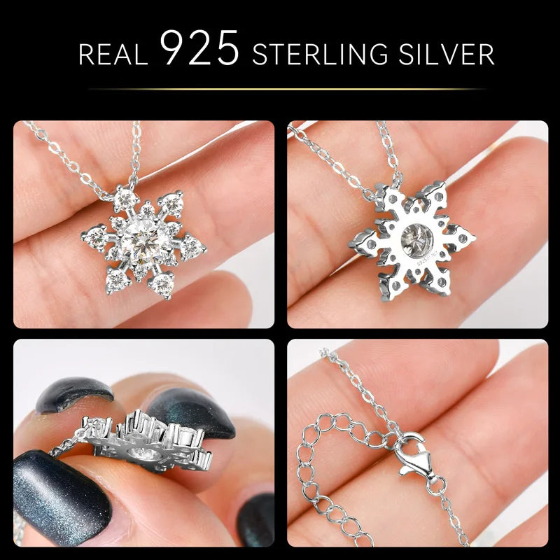 Collage of a silver snowflake pendant necklace held in hands, with 'Real 925 Sterling Silver' text above.