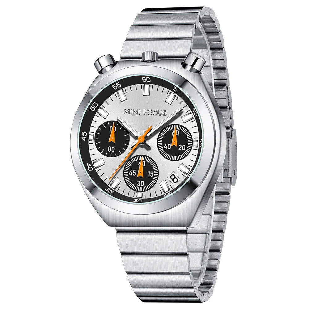 Silver watch with a white face on a white background
