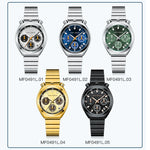 Five watches with different colored faces and metallic bands on a white background