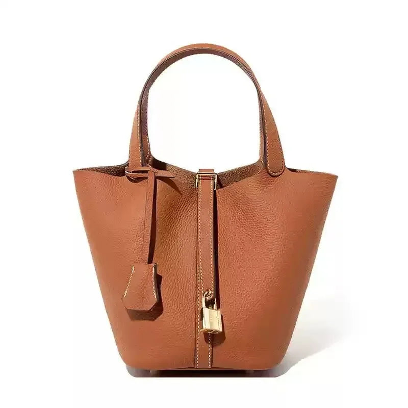 Top Layer Cowhide Leather Handbag Women's Small Bucket Bag Large Capacity Handheld Bag Soft Neutral Minimalist Style Polyester L