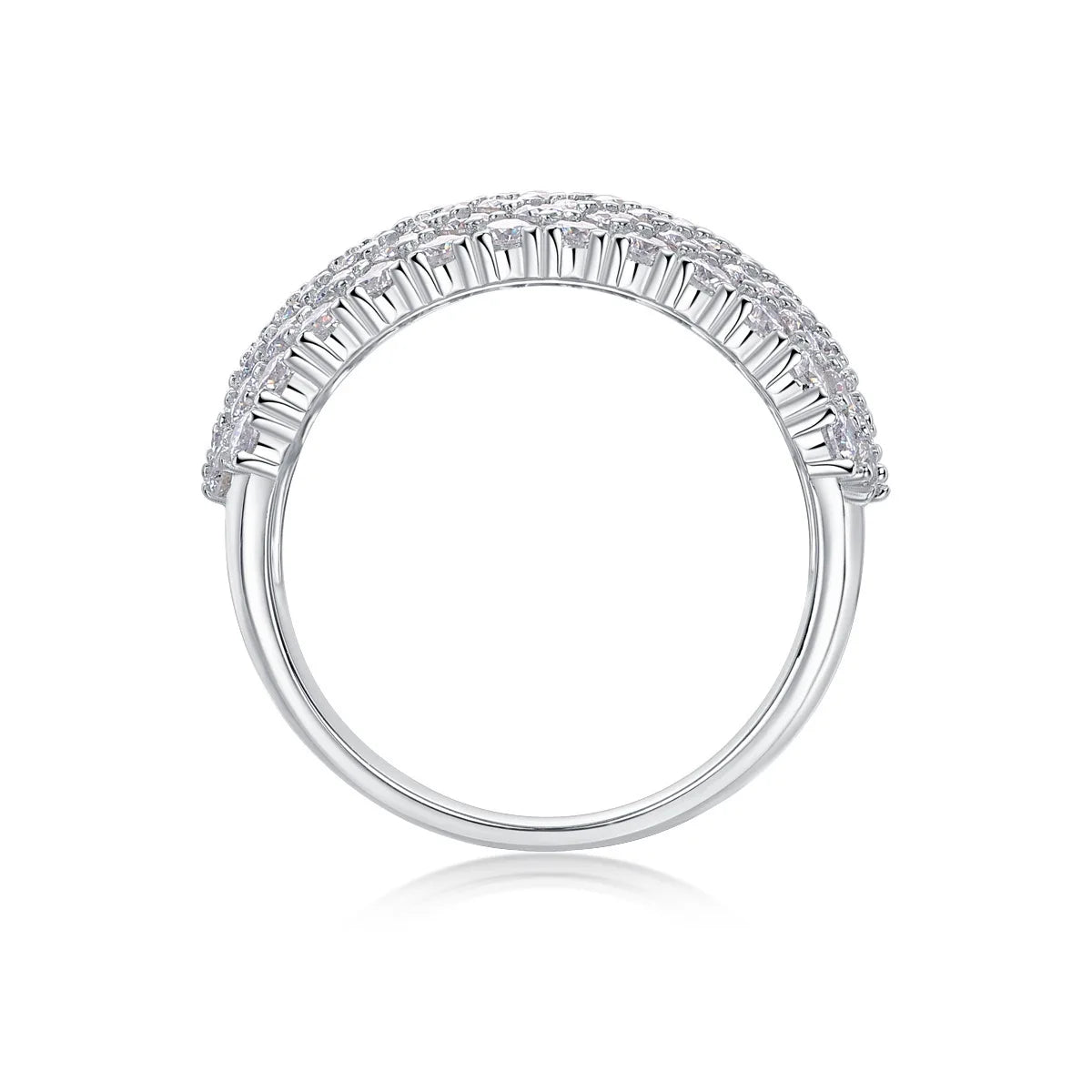 Silver ring with diamond accents on a white background
