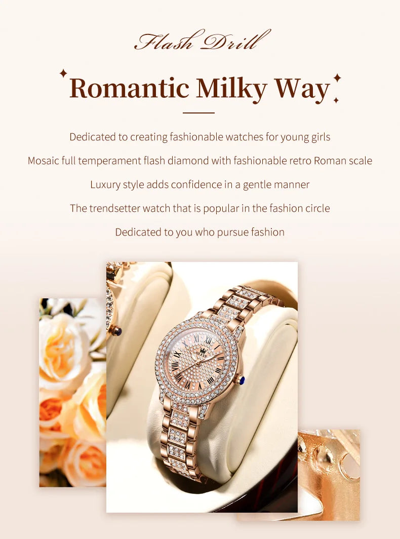 OLEVS Original Diamond Watch for Women Fashion Elegant Stainless Steel Waterproof Quartz Wristwatch Luxury Ladies Dress Watches Vanaski