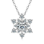 Snowflake-shaped silver necklace with clear gemstones on a white background