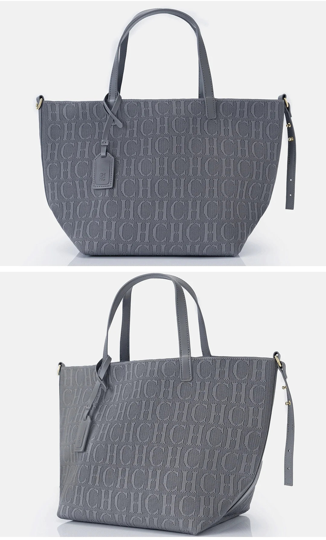 Gray handbag with monogram pattern on a white background
