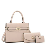 Beige handbag with matching wallet and cardholder on a white background