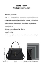 Product information card for a black leather handbag with dimensions and features listed.