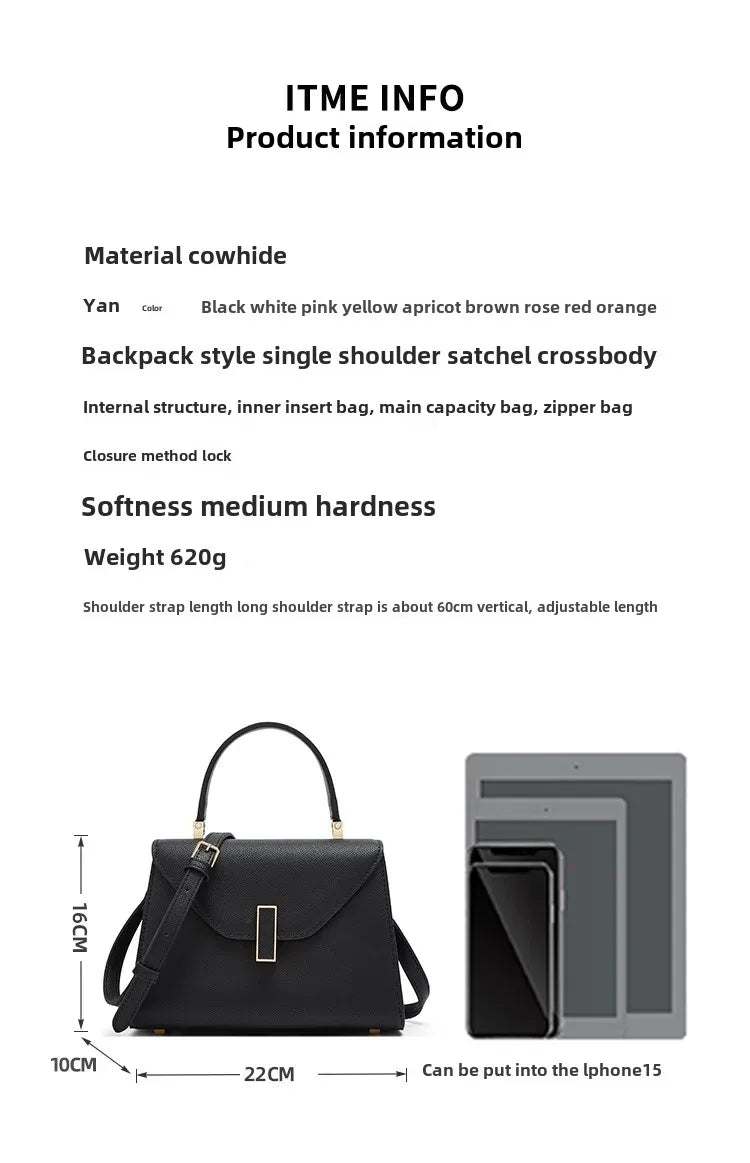 Product information card for a black leather handbag with dimensions and features listed.