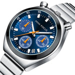 Silver watch with blue dial and orange accents on a white background, branded 'Mini Focus'.