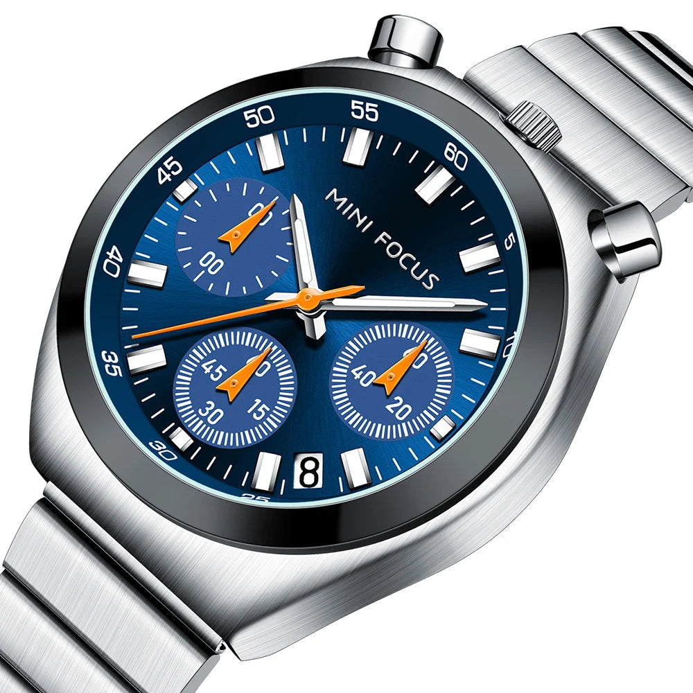 Silver watch with blue dial and orange accents on a white background, branded 'Mini Focus'.