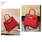 Red handbag with gold hardware on a neutral background