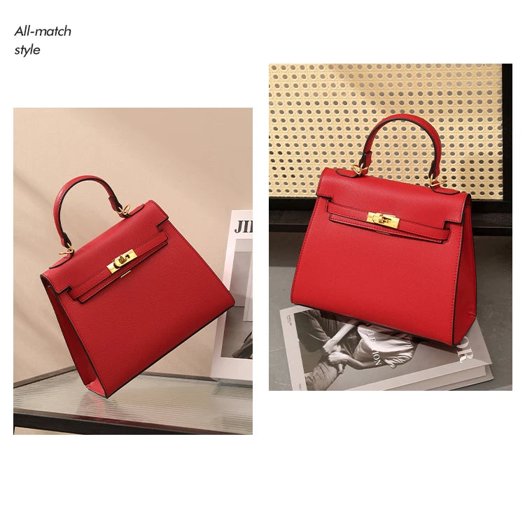 Red handbag with gold hardware on a neutral background