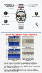 Wristwatch with adjustment instructions and strap assembly diagram