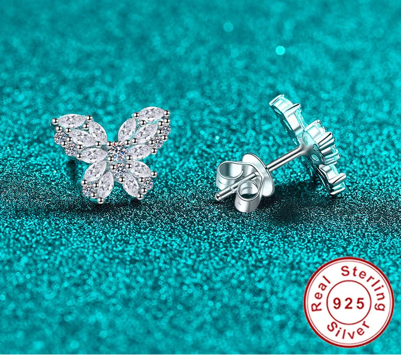18K White Gold Plated Moissanite Butterfly Stud Earrings D Color VVS1 Lab Diamond Sterling Silver Ear Jewelry for Women Vanaski