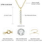 Gold necklace with moissanite stones, showing dimensions and material details.