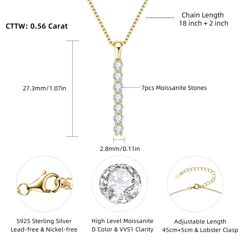 Gold necklace with moissanite stones, showing dimensions and material details.
