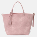 Pink tote bag with a monogram pattern on a light gray background