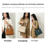 Three women demonstrating different carrying methods of a handbag.