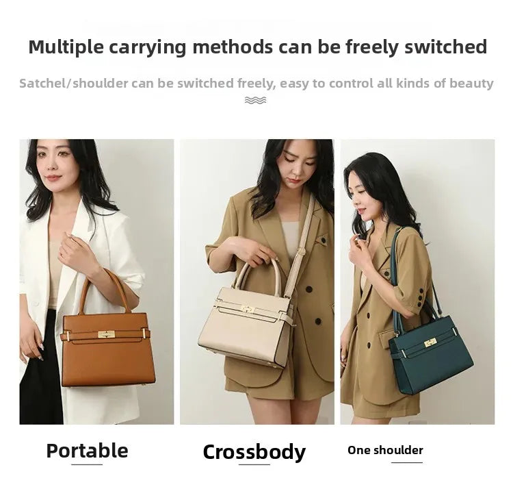 Three women demonstrating different carrying methods of a handbag.