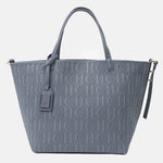 Gray handbag with a repeated logo pattern on a white background