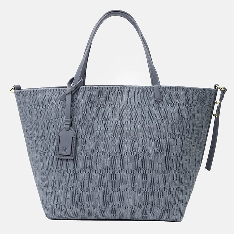 Gray handbag with a repeated logo pattern on a white background