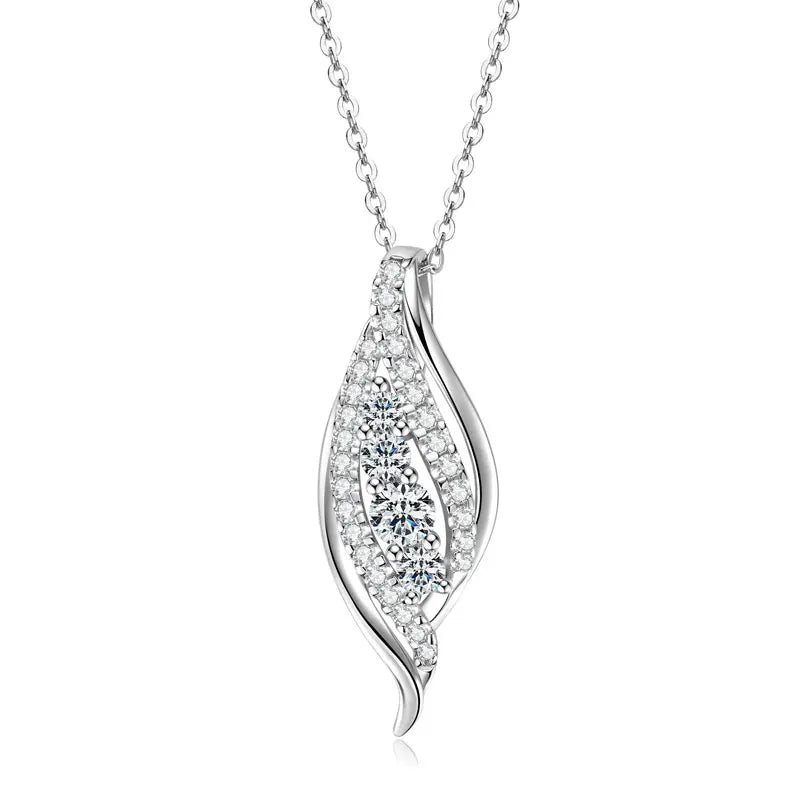 Silver necklace with a leaf-shaped pendant on a white background