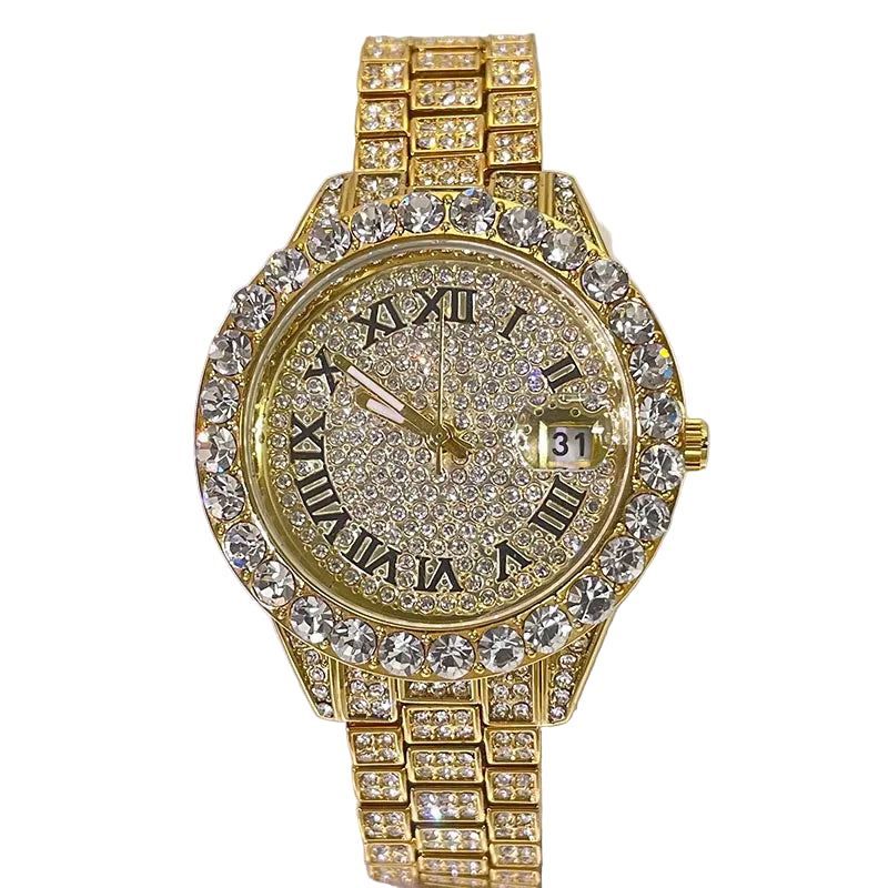 Gold wristwatch with diamond accents on a white cushion, brand 'Miss fox' visible.