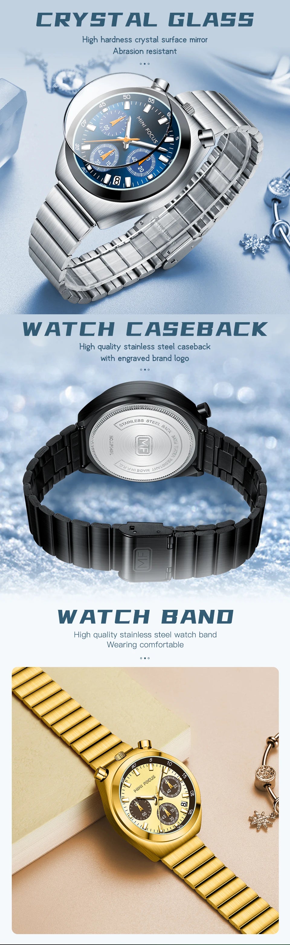 Watch caseback, watch band, and crystal glass with text on a light blue background