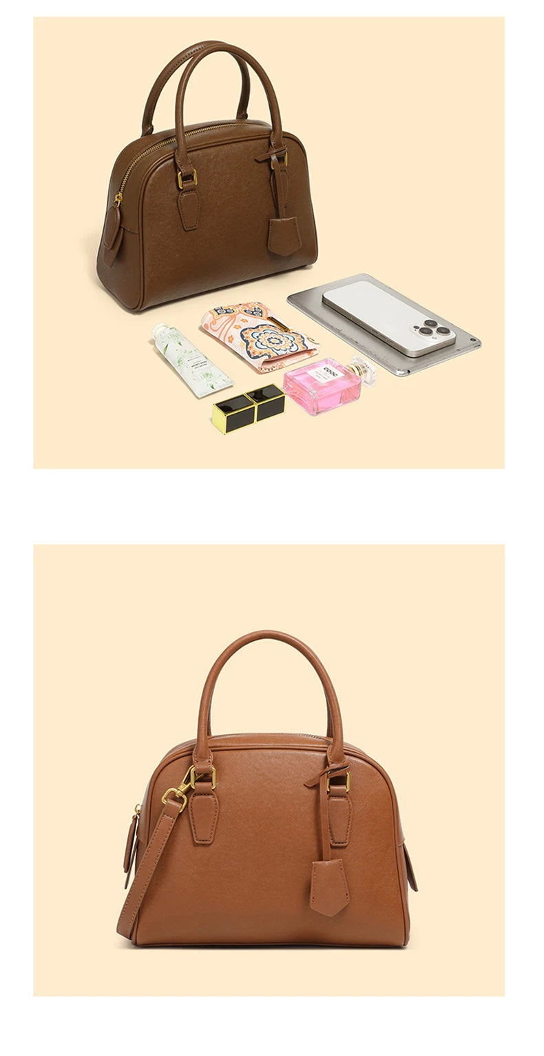 Brown handbag with phone, makeup items, and a box on a beige background
