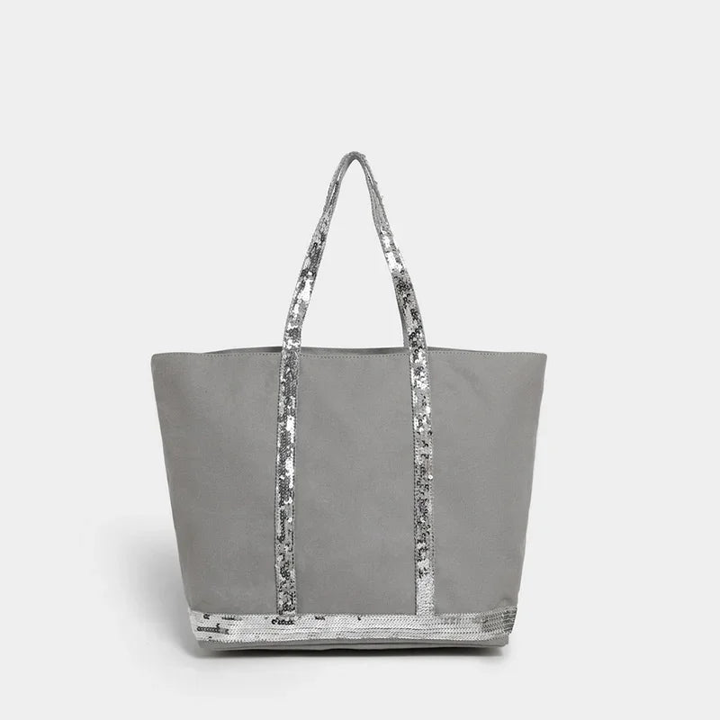 Sequin Canvas Zipped Tote Bag,Large Capacity Vintage Contrast Color Women Shoulder Bag,Designer Commuter Everyday Handbag,Black