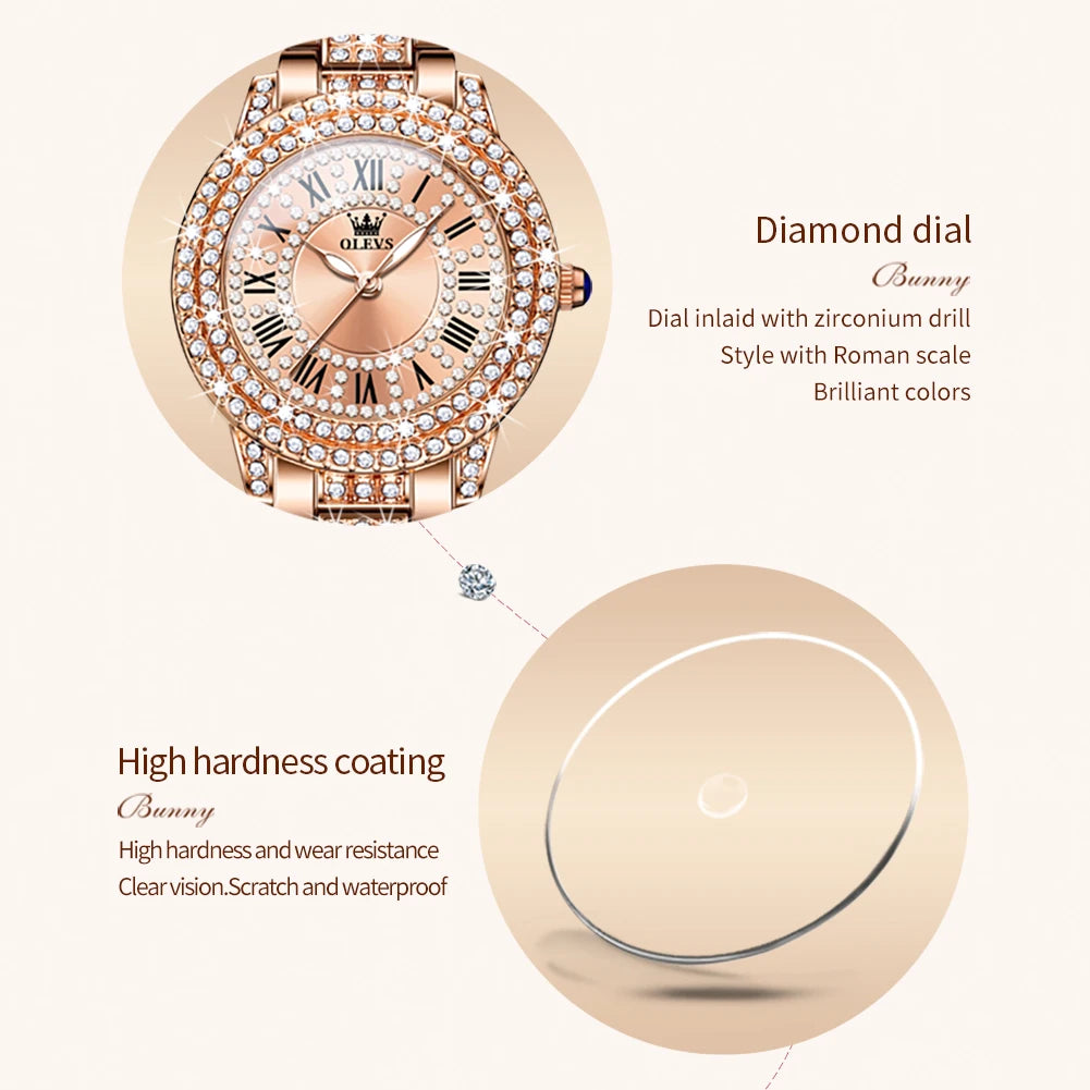OLEVS Original Diamond Watch for Women Fashion Elegant Stainless Steel Waterproof Quartz Wristwatch Luxury Ladies Dress Watches Vanaski