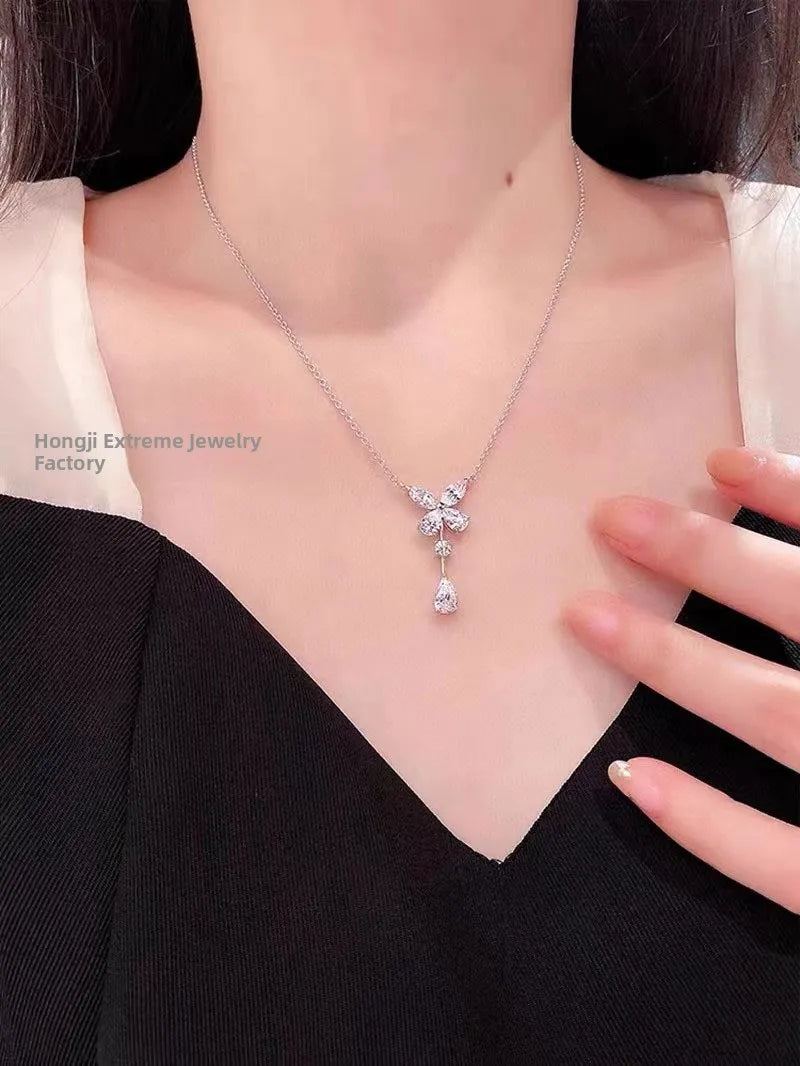 Elegant Pure Silver Waterdrop Diamond Pendant Necklace for Women Butterfly Knot Clavicle Chain Fresh Sweet Korean Style Vanaski