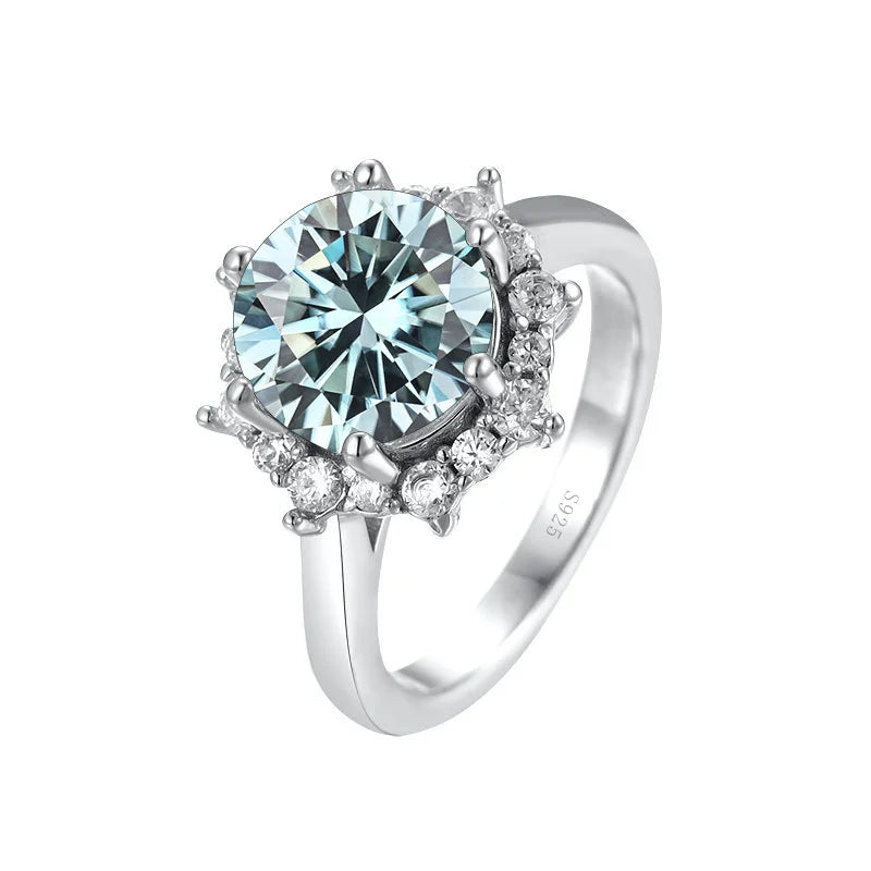 Silver ring with a large central gemstone and smaller stones on a white background