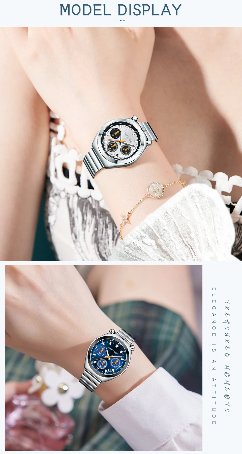 Silver watch on a wrist with a white lace garment in the background