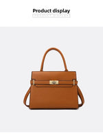 Brown handbag with gold accents on a white background