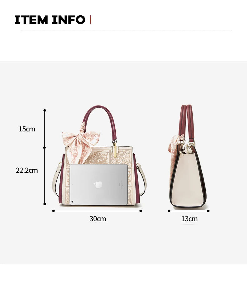 Measurement chart of a handbag with dimensions labeled