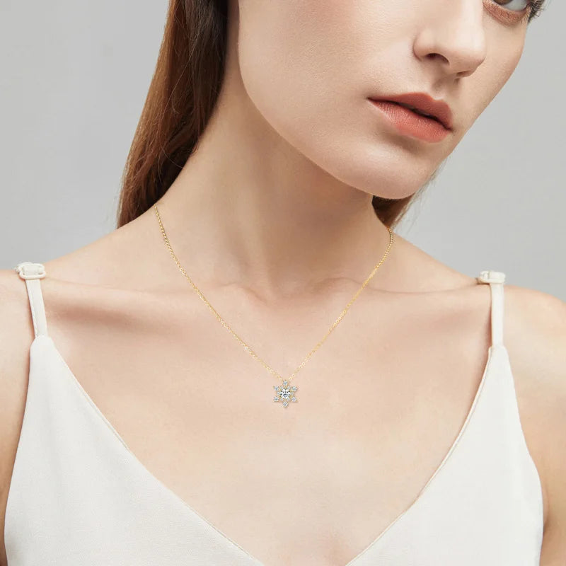 Woman wearing a gold necklace with a star-shaped pendant against a neutral background