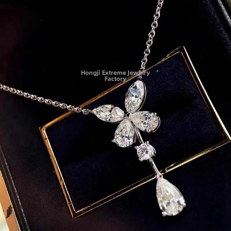 Elegant Pure Silver Waterdrop Diamond Pendant Necklace for Women Butterfly Knot Clavicle Chain Fresh Sweet Korean Style Vanaski