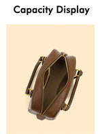 Brown handbag with gold accents on a beige background