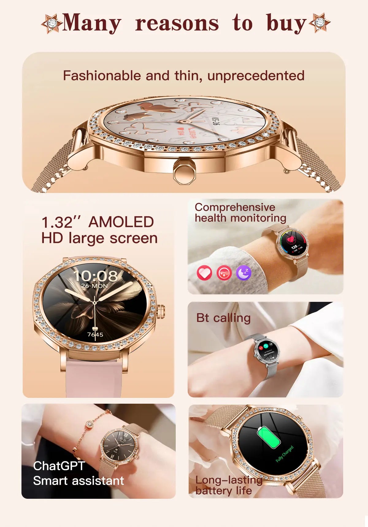 Luxury Women's Smartwatches Diamond Dial Fashion Smart Watch Heart Rate Monitor Sleep Tracking IP67 Waterproof For Android & IOS Vanaski