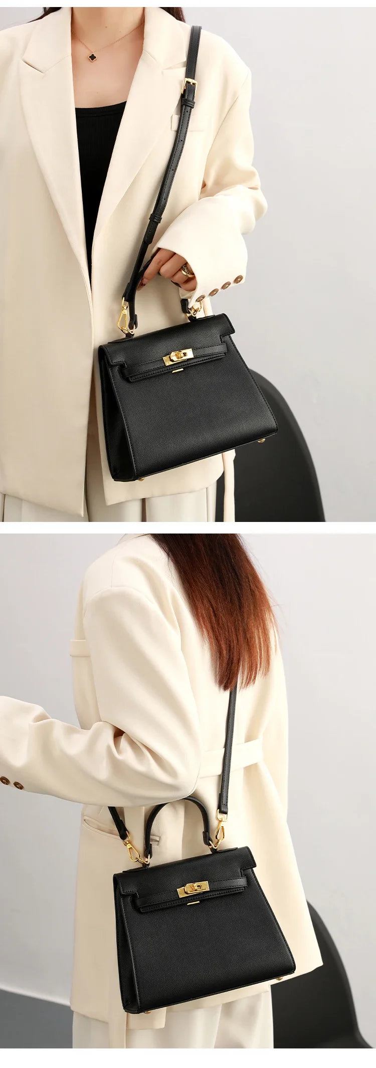 Black handbag held by a person wearing a beige coat on a light gray background