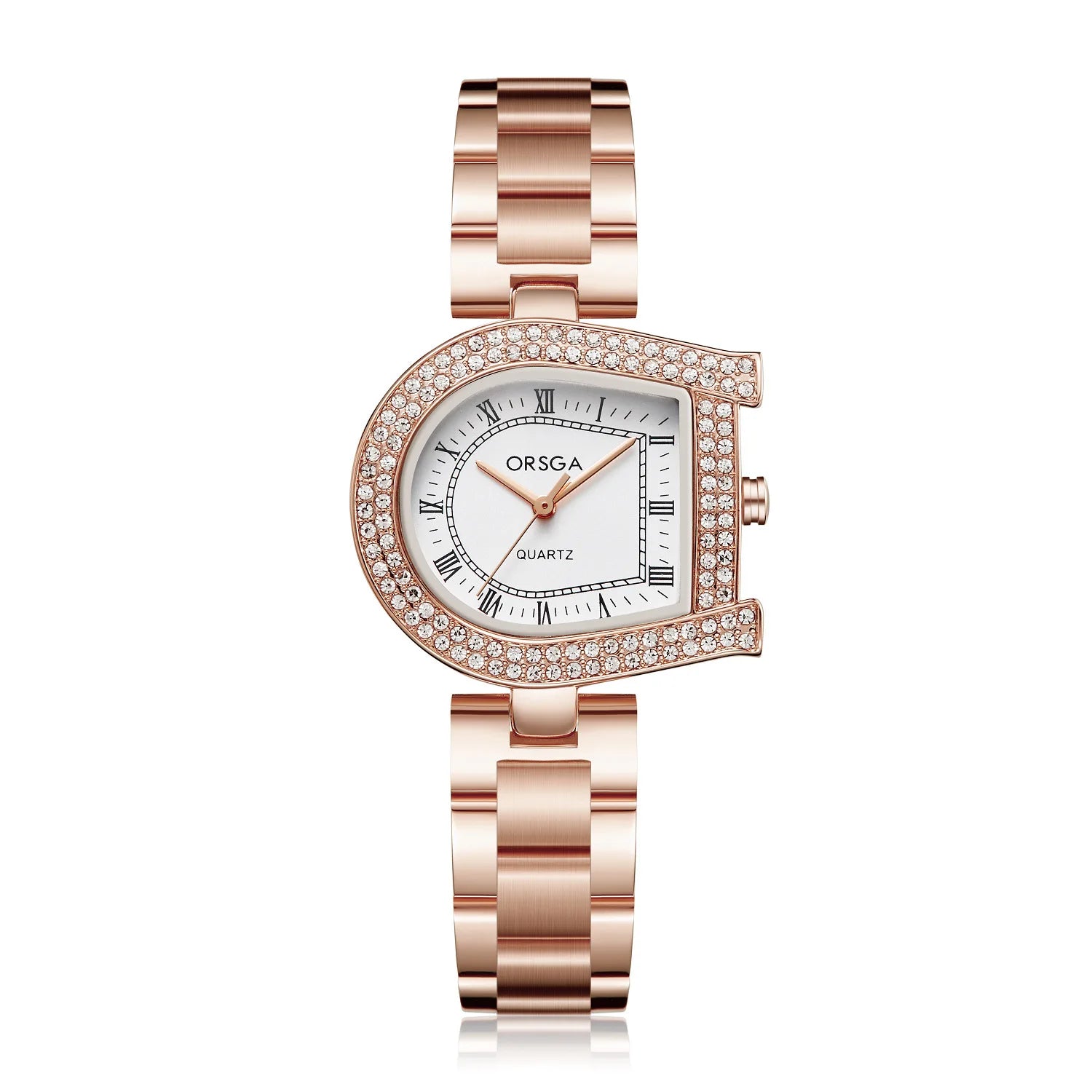 Rose gold watch with gemstone accents on a white background