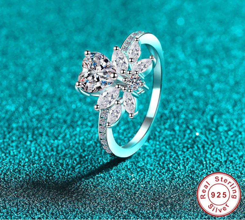 1CT Heart Cut Moissanite Ring D Color Lab Diamond 18K White Gold 925 Silver