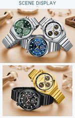 Four watches in different colors and designs on a beige background.