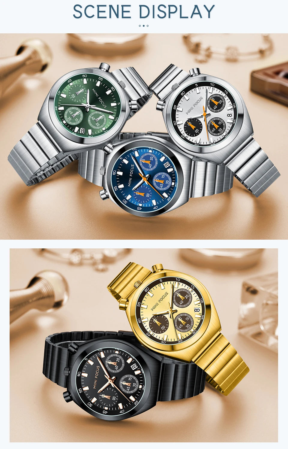 Four watches in different colors and designs on a beige background.